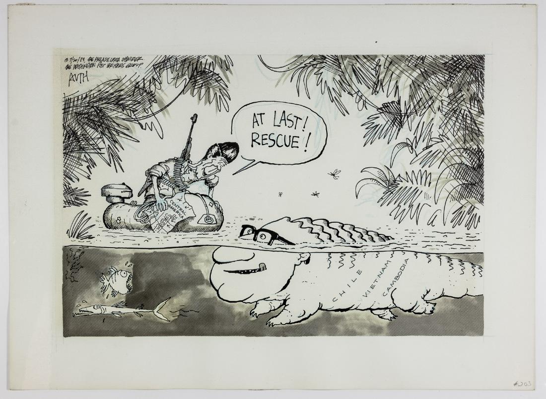 (POLITICAL CARTOON) TONY AUTH: TONY AUTH (1942 â€“ 2014) American editorial cartoonist best known for his syndicated work originally drawn for The Philadelphia Inquirer, for whom he worked from 1971 to 2012. Auth's art won the
