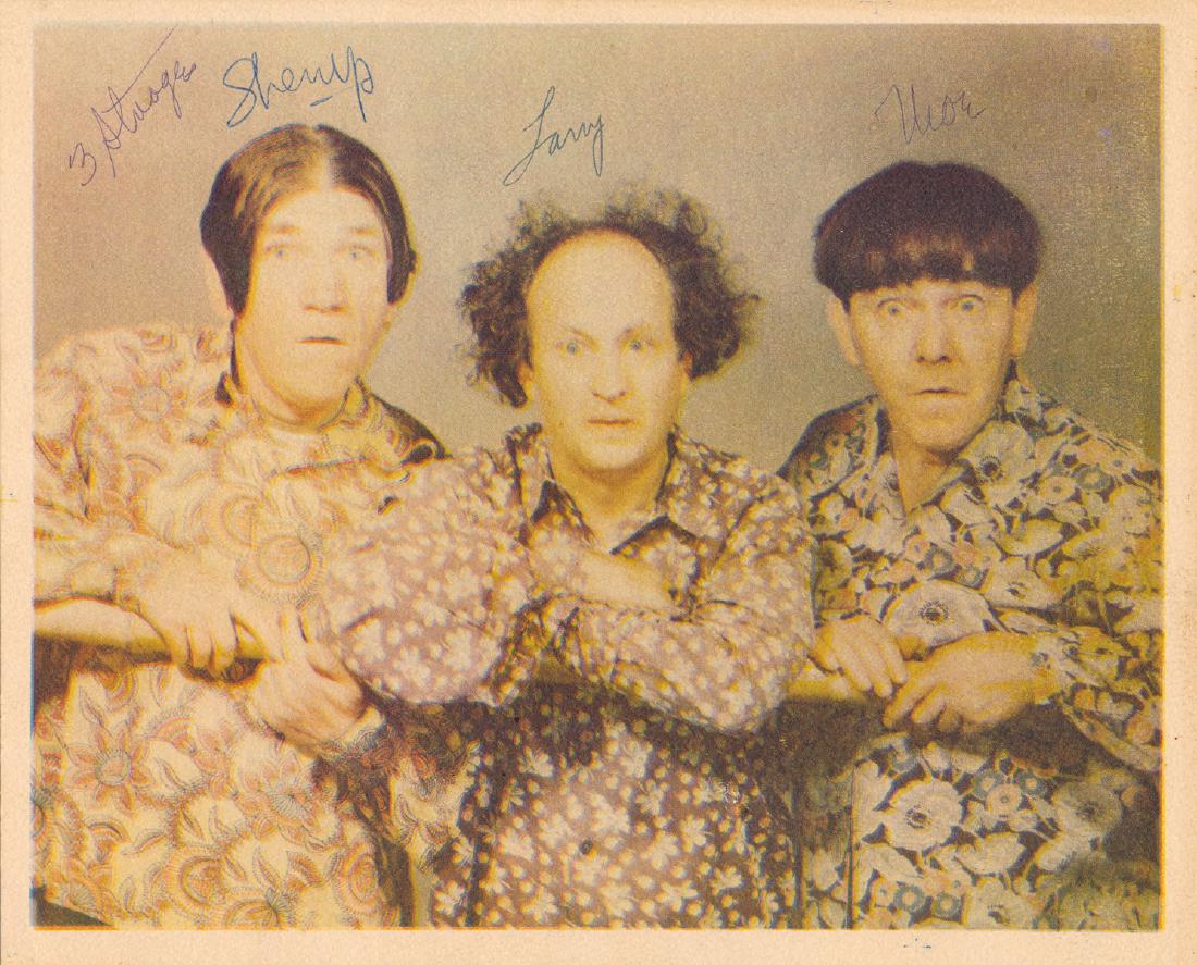 THE THREE STOOGES: THE THREE STOOGES Rare S.P., 8" x 10 color, a group image of the Three Stooges, MOE HOWARD, LARRY FINE, and SHEMP HOWARD, post-1946. Each Stooge signs above his image using his first name, Shemp and L