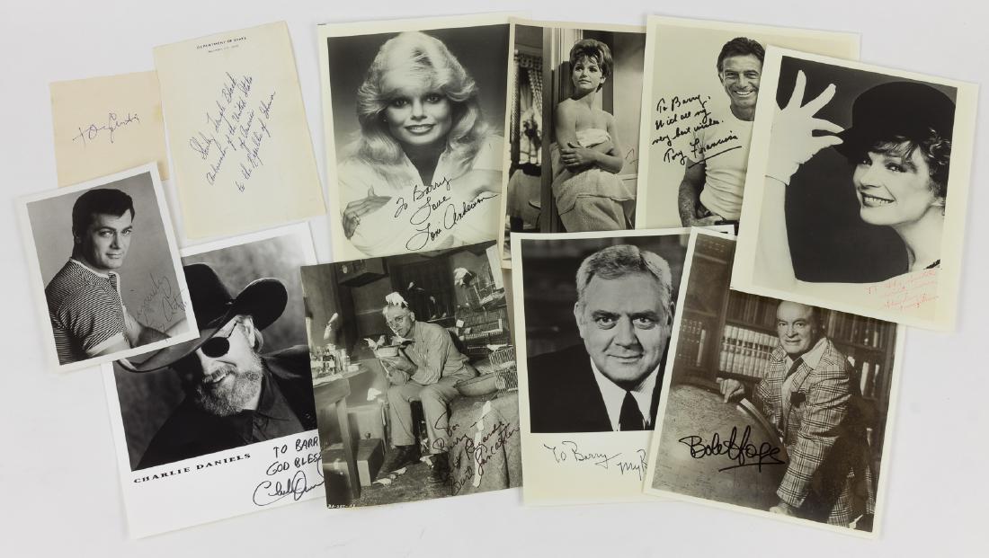 HOLLYWOOD AND ENTERTAINER AUTOGRAPHS: HOLLYWOOD AND ENTERTAINER AUTOGRAPHS Lot of eleven signed items, including pphotos of TONY CURTIS (with a signature on a small sheet), SHIRLEY MACLAINE, BOB HOPE, BURT LANCASTER, RAYMOND BURR, CHARLIE