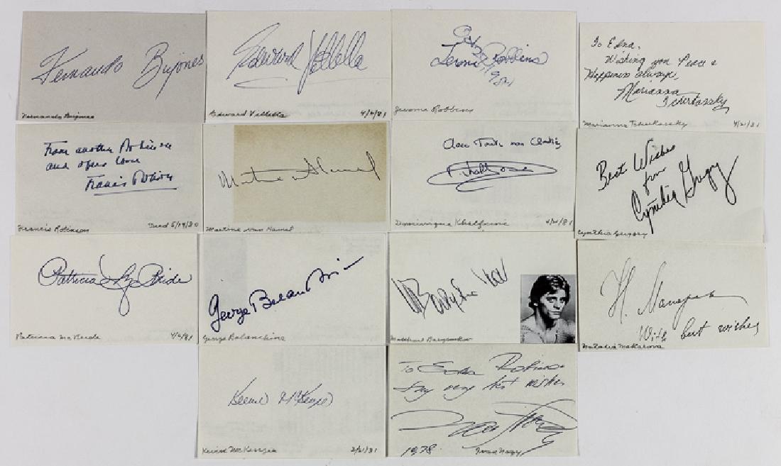 DANCE AND BALLET: DANCE AND BALLET Lot of 14 signatures on cards of dancers and those associated with dance, includes: GEORGE BALANCHINE, MIKHAIL BARYSHNIKOV, FERNANDO BUJONES, EDWARD VILLELLA, MARIANNA TCHERKARSKY, JE