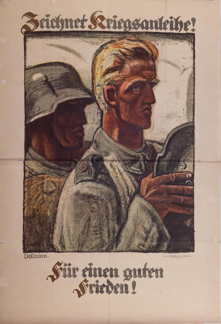 GERMAN WAR BONDS POSTER: "FOR A GOOD PEACE!": Original German propaganda poster, 54 1/2" x 37 1/4", printed across two sheets, featuring a rather modernist depiction of fair-haired soldier among his helmeted compatriots. The exhortation "Zeichnet