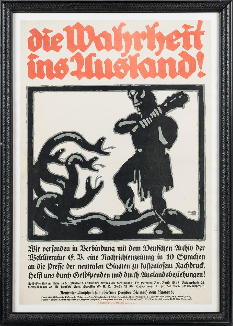 GERMAN PROPAGANDA POSTER: "THE TRUTH ABROAD"Â: World War I-era German propaganda poster, 18 Â½" x 27"Â, entitled "die Wahrheit ins Ausland!"Â (""The Truth Abroad!"Â). The poster is illustrated with a woodcut-style image of a giant fending off
