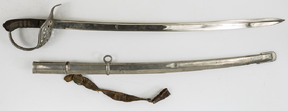 AUSTRIAN HEAVY CAVALRY SABER: World War I-era Austrian Pattern 1869-style heavy cavalry saber, 30"Â blade, 36 Â½" overall, with a peened pommel with integral backstrap securing a grip wrapped with grey rayskin and a few fragmen