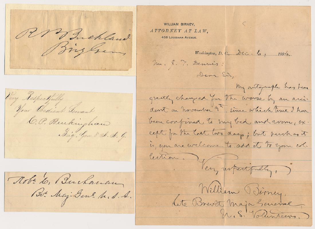 (UNION GENERALS): Lot of four items signed by Union generals. Included is: WILLIAM BIRNEY (1819"â€œ1907), brigadier general and an ardent abolitionist noted for encouraging thousands of free black men to join the U