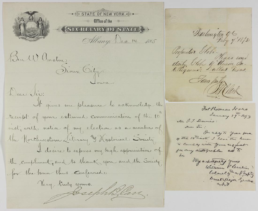 (UNION GENERALS): Lot of three items signed by Union generals, includes: WILLIAM T. CLARK (1831-1905), brigadier general who served ably in the 15th Corps. After the war, he became a notoriously corrupt politician and