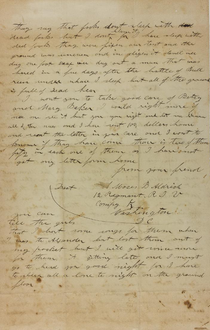 SLEEPING WITH THE DEAD AT BULL RUN: Good content soldier's letter from Union Pvt. Moses B. Aldrich, 12th R.I. Vols., 2pp. legal folio, "Near Alexandria", Nov. 13, 1862 to a friend. In small part (spelling corrected): "...our regiment is