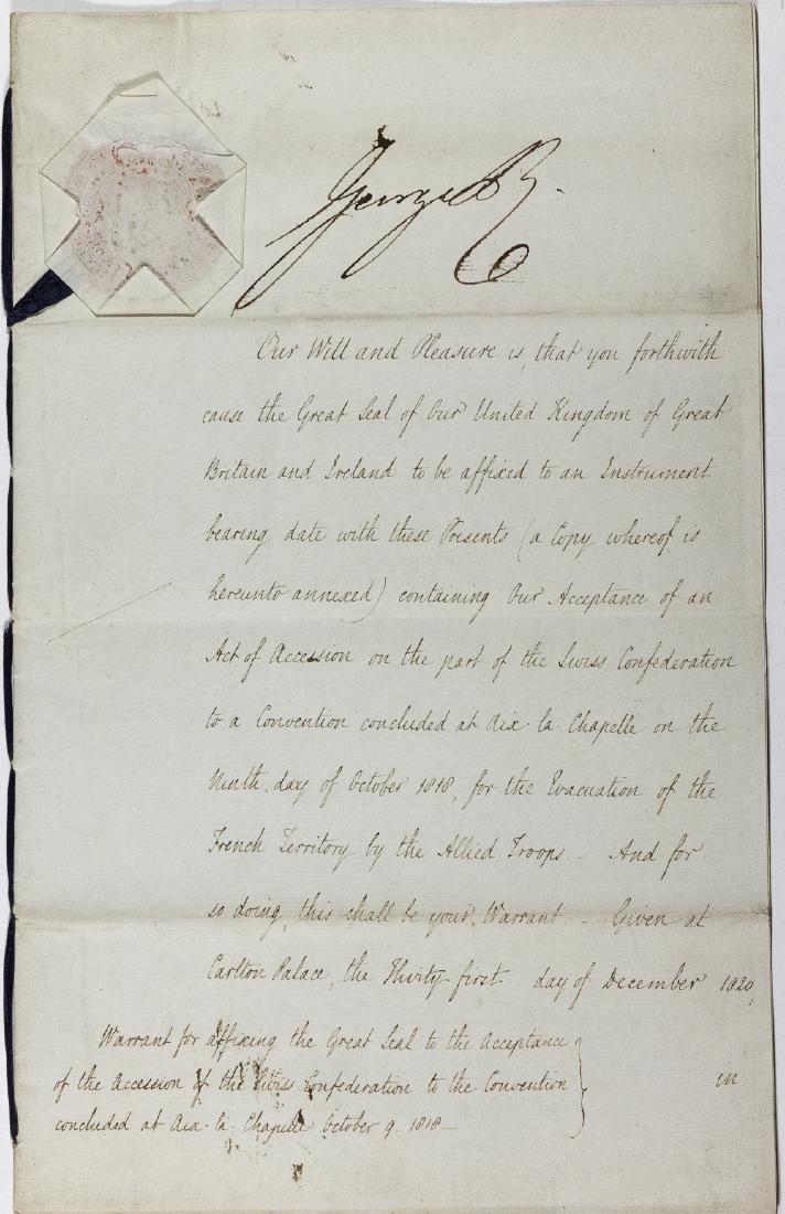 GEORGE IV OF ENGLAND: GEORGE IV OF ENGLAND (1762-1830) King of Great Britain and Ireland from 1820 until his death in 1830, he was also Prince Regent from 1811 until 1820. Fine content manuscript D.S., 6pp. 4to., Carlton P
