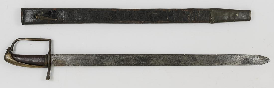 AMERICAN REVOLUTION "D-GUARD" SWORD WITH SCABBARD: Scarce ca. 1770s American D-guard straight sword with scabbard. The sword, 29 1/2" overall, bears a 24 1/4" straight steel blade. A finished brown wood grip is fitted beneath the rounded brass top of 