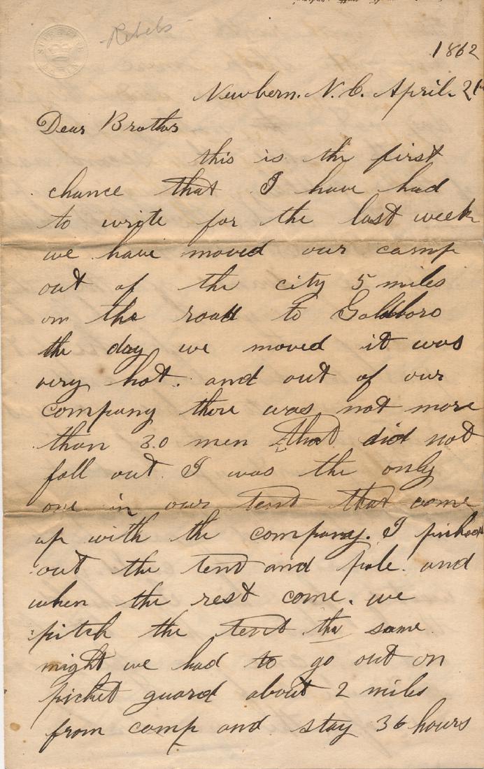 SIZING UP THE ENEMY AT NEW BERN: Good content soldier's letter, 4pp. 8vo., New Bern, Apr. 21, 1862. William A. Strater, 87th Pa. Vols. (POW Winchester 6/15/63) writes his brothers. In part: "...We moved our camp out of the city...it