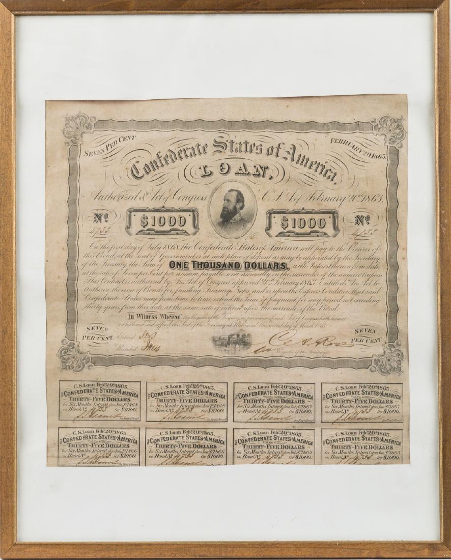 CONFEDERATE $1000 BOND: Confederate States of America $1000 bond, 1p. 13 1/2" x 14" (sight), issued March of 1863 at Richmond, printed on light pink paper by Archer & Daly of that city. The bond is signed by Assistant Regist