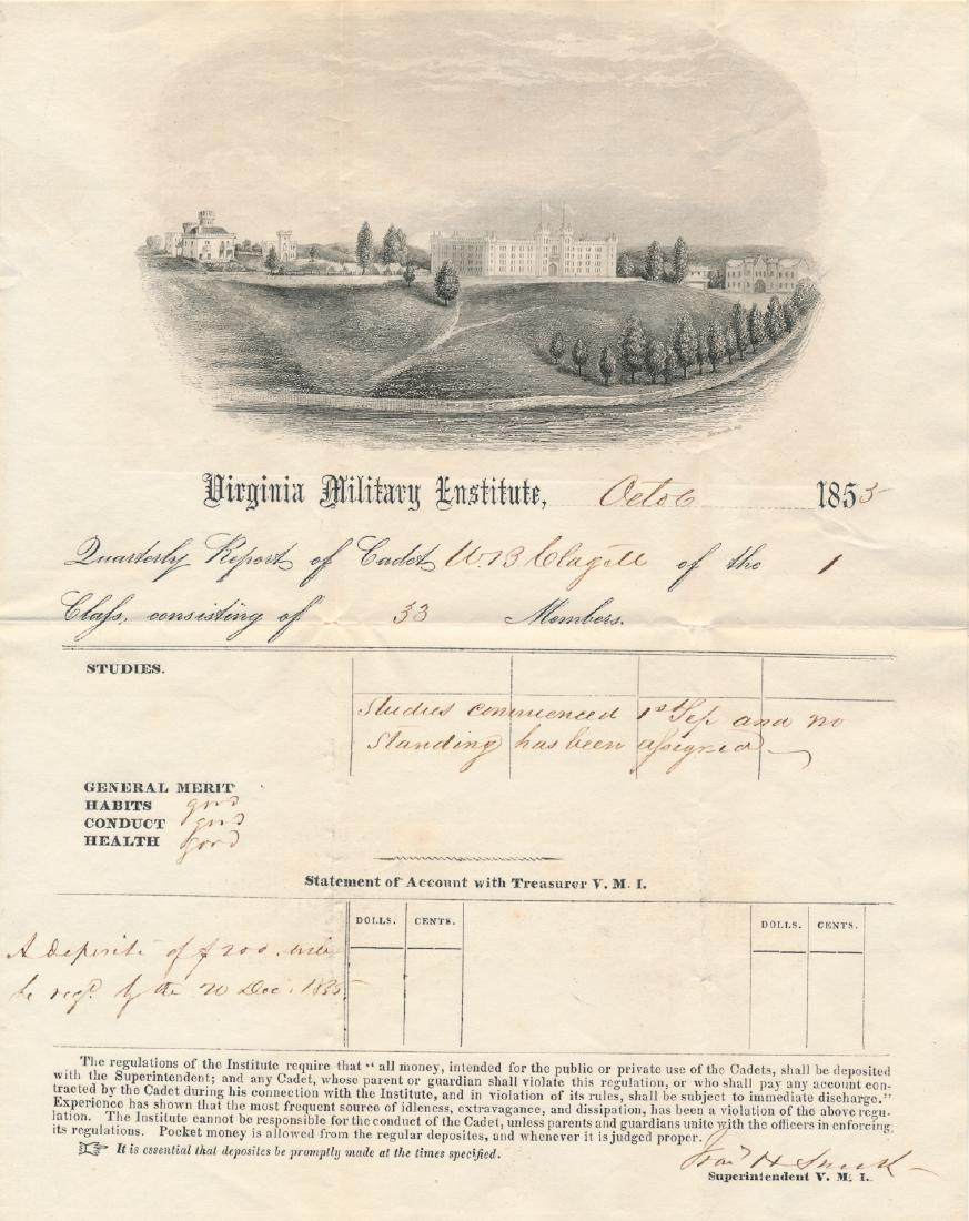 VIRGINIA MILITARY INSTITUTE REPORT CARD: A finely illustrated Virginia Military Institute report card, 1p. 4to., issued to Cadet William B. Clagett (during the war a private in the 18th Virginia Cavalry), dated Oct. 6, 1855. His conduct is n