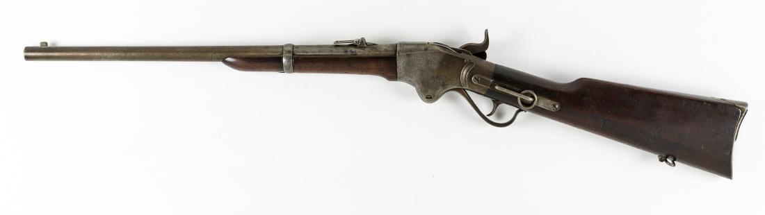 SPENCER REPEATING CAVALRY CABINE: Good example of a Spencer Model 1860 repeating cavalry carbine, .56 caliber, 20 1/4" barrel, 39" overall, utilizing the world's first military metallic cartridge repeating action. The weapon is marked