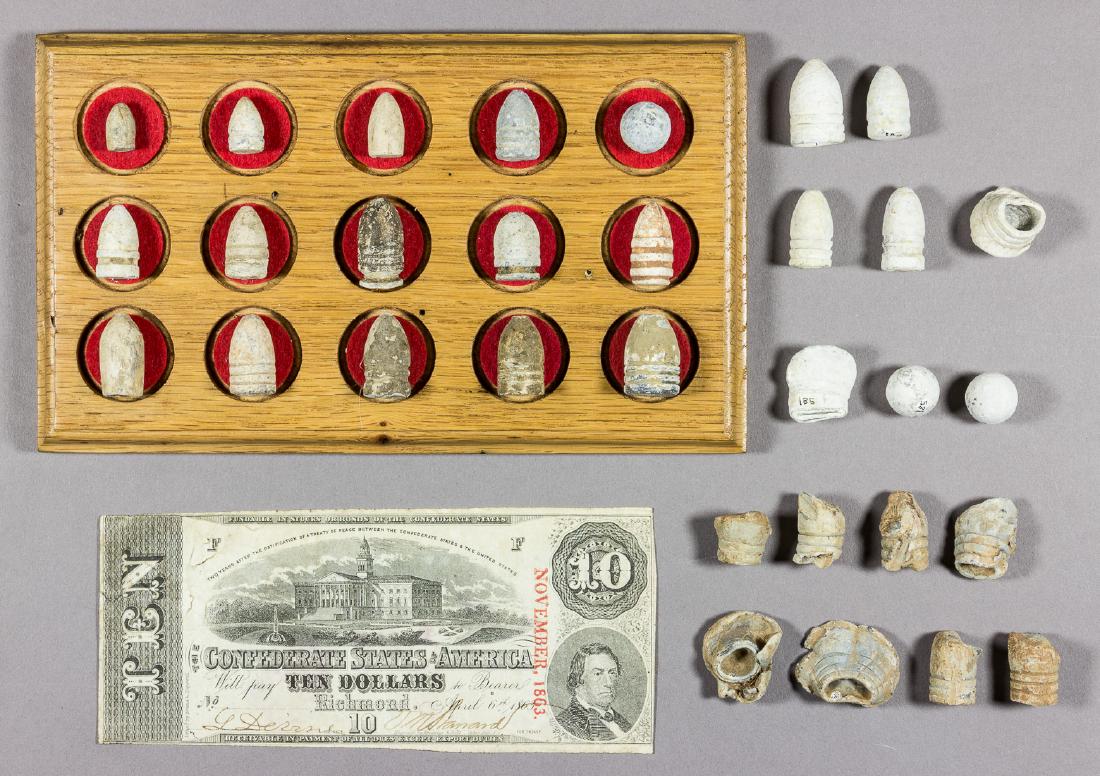 CIVIL WAR BULLET COLLECTION: Good collection of thirty-two original Civil War pistol, rifle and musket projectiles of various calibers and configurations, presented in three distinct groups as follows: set of four intact rifle bu