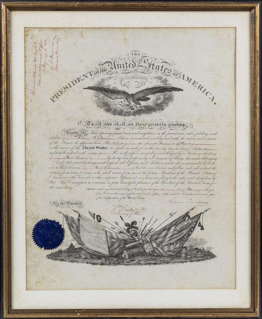 GROVER CLEVELAND: (1837 - 1908) 22nd and 24th President of the United States, supported civil service and fiscal reform. CLEVELAND APPOINTS A 7TH CAVALRY OFFICER PRESENT AT WOUNDED KNEE Partly-printed D.S. as president