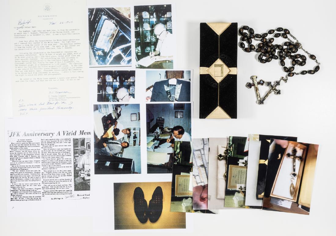 A PIECE OF JOHN F. KENNEDY'S ASSASSINATION LIMOUSINE: A chilling relic of the assassination of President John F. Kennedy, two small pieces of blood-stained leather from the rear seat of the Lincoln Continental in which he was riding when he was assassina
