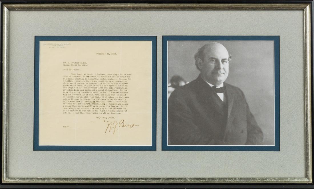 WILLIAM JENNINGS BRYAN: (1860-1925) American lawyer and politician, Secretary of State, and the chief prosecutor who dueled with Clarence Darrow in the famous Scopes "Monkey" trial. BRYAN DISCUSSES HIS RESERVATIONS ON THE LE