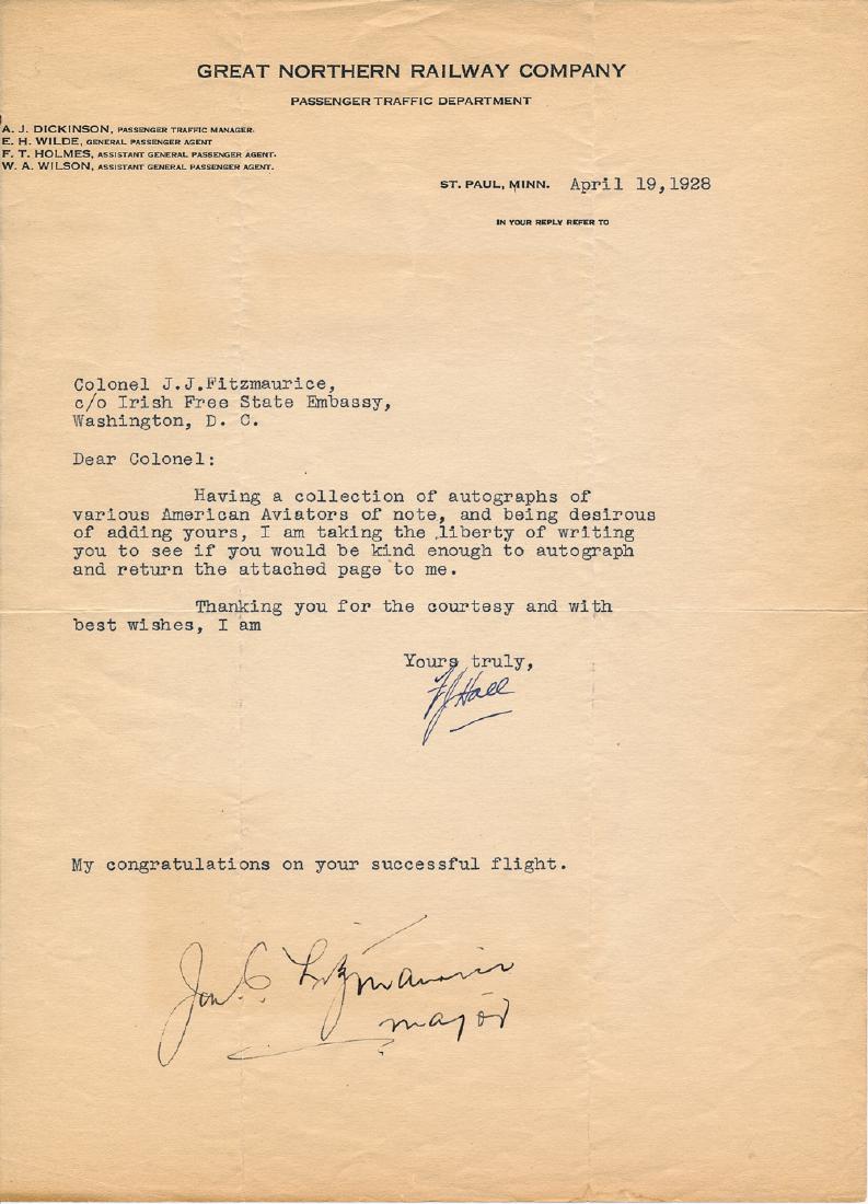 JAMES FITZMAURICE: (1898 - 1965) Irish aviation pioneer, a member of the crew of the Bremen, which made the first successful trans-Atlantic aircraft flight from East to West on 12-13 April 1928. Signature at the bottom 