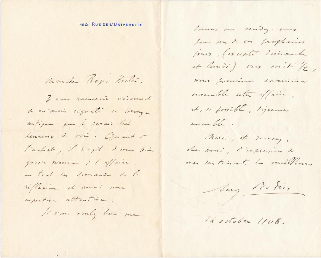 AUGUSTE RODIN: (1840 - 1917) French sculptor among whose most notable works are The Thinker and The Kiss. Fine content and association A.L.S. 2pp. 8vo., Paris, Oct. 14, 1908, to author and art critic Leon-Roger Mile