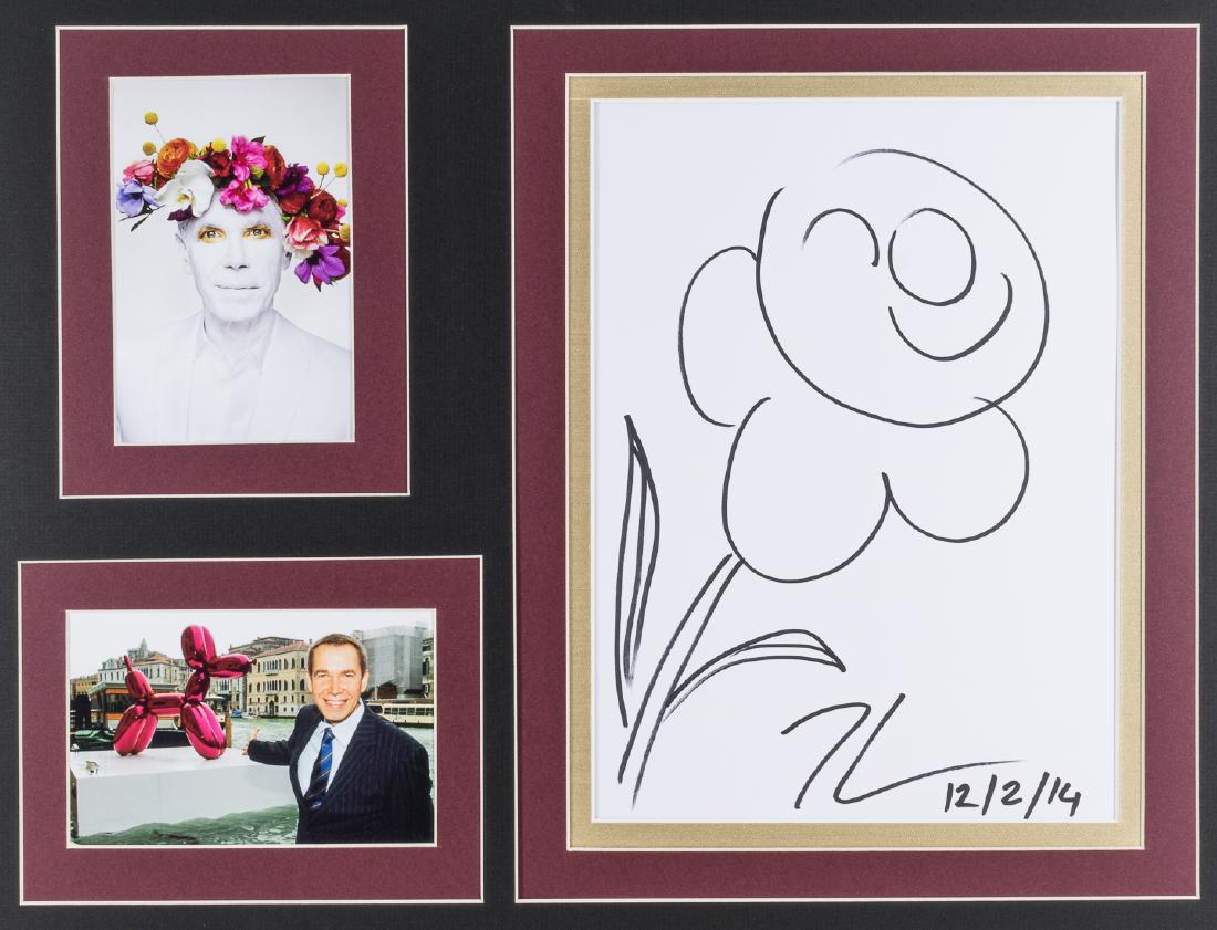 JEFF KOONS: (b. 1955) American artist known for working with popular culture subjects and his reproductions of banal objects. Original signed sketch, 8" x 11" (sight), depicting a flower in black ink, with his st