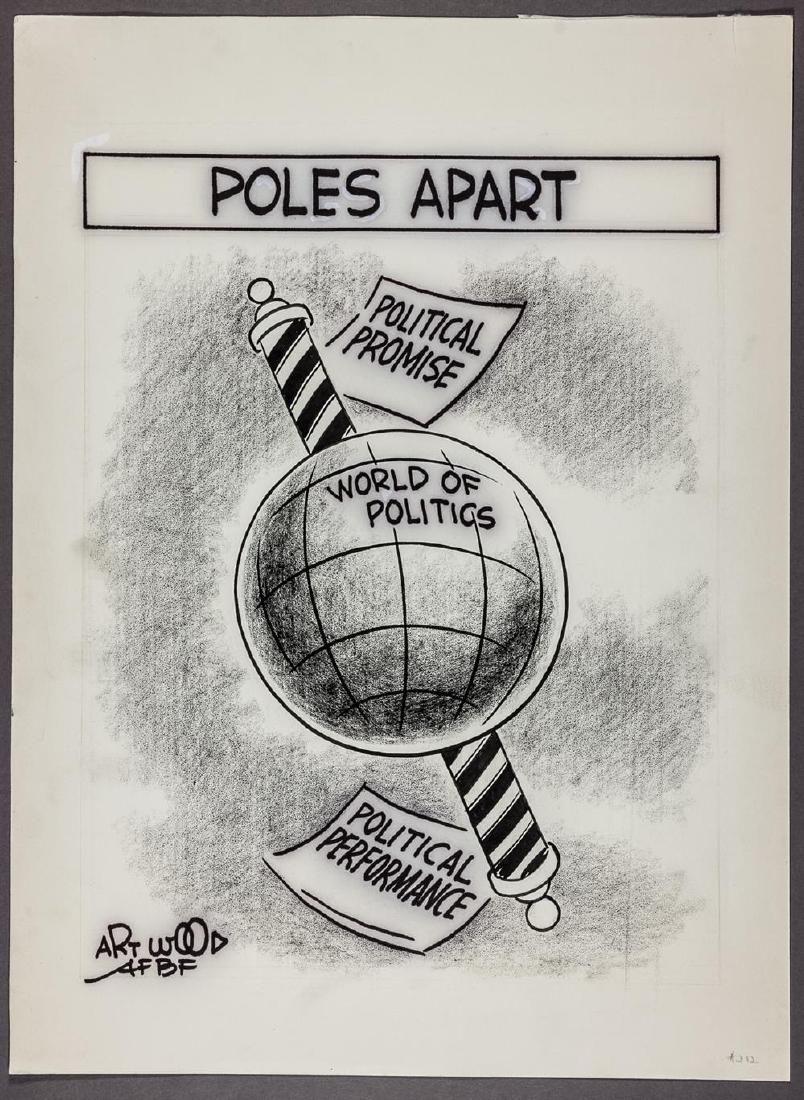 (POLITICAL CARTOON) J. ARTHUR WOOD, JR.: (1927 - 2014) American political cartoonist, contributing cartoonist Washington Star, 1948-50, Richmond News Leader, 1950-57, Pittsburgh Press, 1957-68. Founder, director National Gallery Caricature a