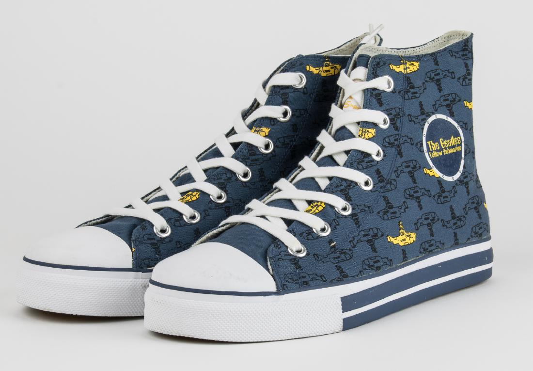 (BEATLES) BEN SHERMAN DESIGNER YELLOW SUBMARINE: Pair of designer Ben Sherman Beatles Yellow Submarine high-top sneakers, blue canvas, U.S. size 10. Never worn and in pristine condition, in original box with all original packing, inserts, etc.
