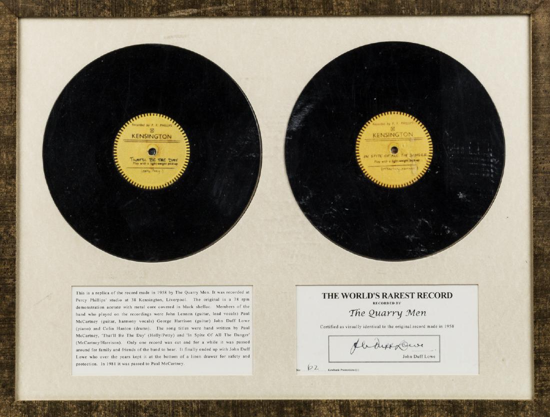 (BEATLES) THE QUARRYMEN "THAT'LL BE THE DAY" DEMO: Framed display featuring replicas of both sides of the original 78 RPM acetate demo for "That'll Be the Day" b/w "In Spite of All the Danger", recorded in 1958 by The Quarrymen, becoming the first pro