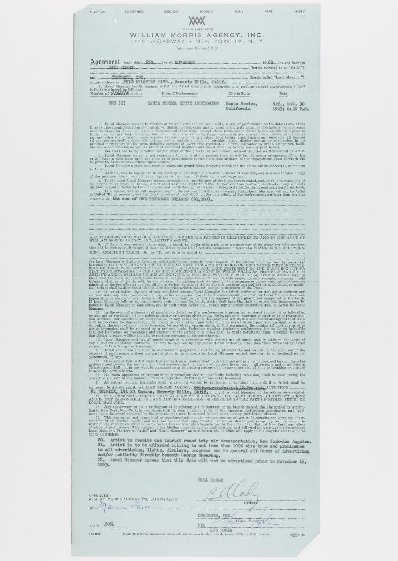 BILL COSBY: (b. 1937) American comedian, actor, author, television producer, educator, musician and activist, now disgraced by his conviction on sexual assault charges. Early partly-printed D.S., 1p., 18 1/4" x 8
