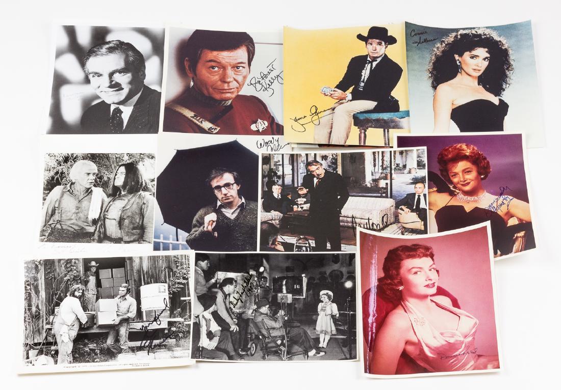 HOLLYWOOD NOTABLES: Lot of 15 signed photographs of Hollywood notables, all 8" x 10", mixed color and b/w, includes LAURENCE OLIVIER, JAMES CAGNEY, DEFOREST KELLY, LEE MARVIN, WOODY ALLEN, GENE KELLY, JAMES GARNER, RICAR