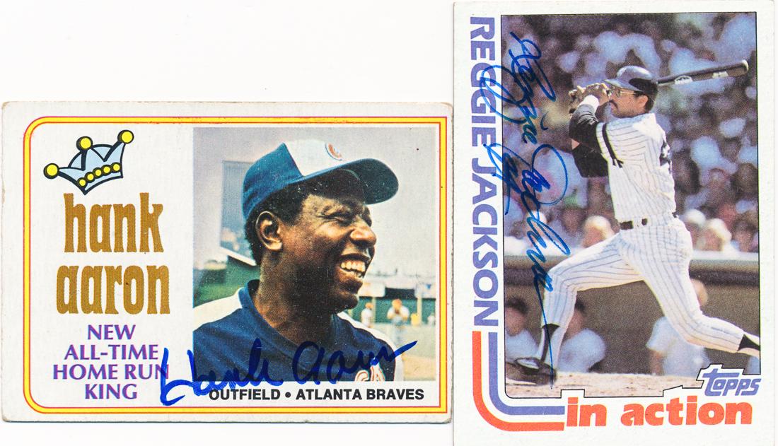 (SIGNED BASEBALL CARDS): Good pair of baseball cards, each signed by the notable players they depict, includes: HANK AARON (b. 1934) American baseball player and Hall of Famer who eclipsed Babe Ruth's home run record, smashin