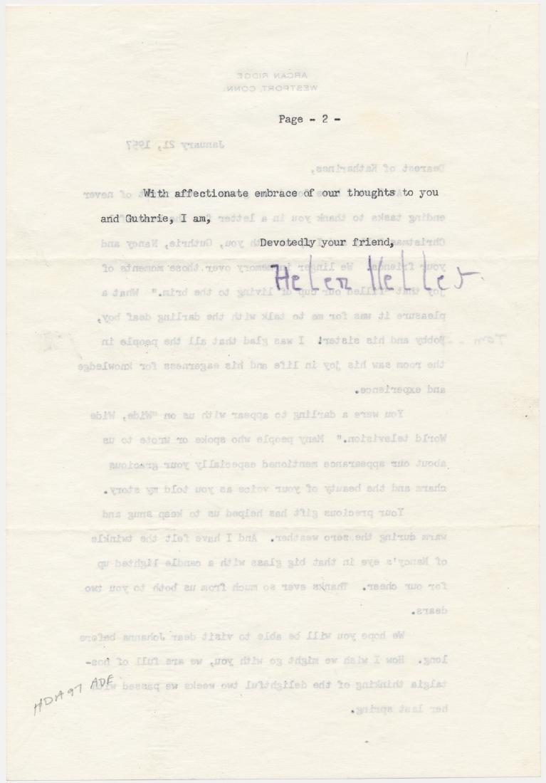 HELEN KELLER: (1880 - 1968) American author who overcame her lack of sight, speech and hearing to write inspirational accounts of her life. Fine association T.L.S., 2pp. 4to., Westport, Jan. 21, 1957 to internation