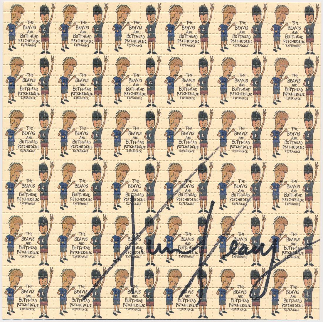 TIMOTHY LEARY: (1920-1996) American educator and advocate of drug use, he urged that we "turn on, tune in, and drop out". Most unusual signed item, an unused 7 1/2" square sheet of "Beavis and Butthead"-themed LSD t