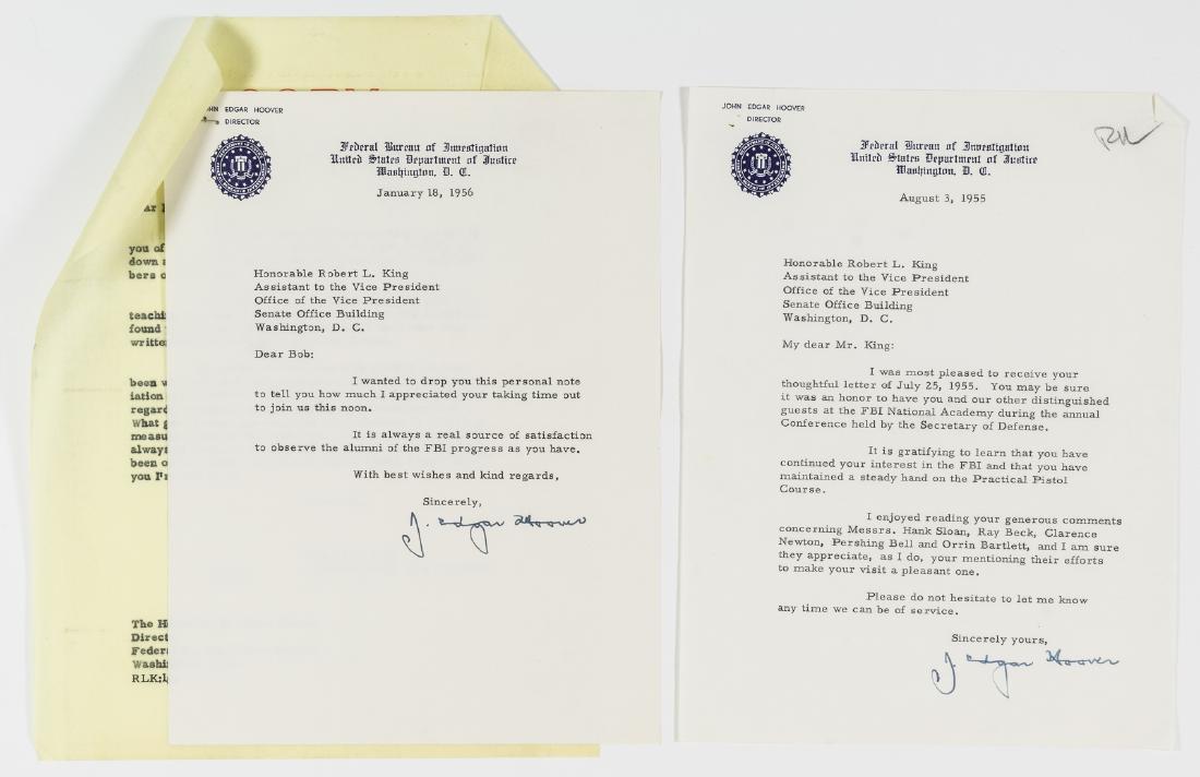 J. EDGAR HOOVER: (1895 - 1972) Controversial Director of the F.B.I. who built the organization into the world's finest investigative agency. Good pair of T.L.S's, the first 1p. 8vo., Washington, D.C., Aug. 3, 1955, to