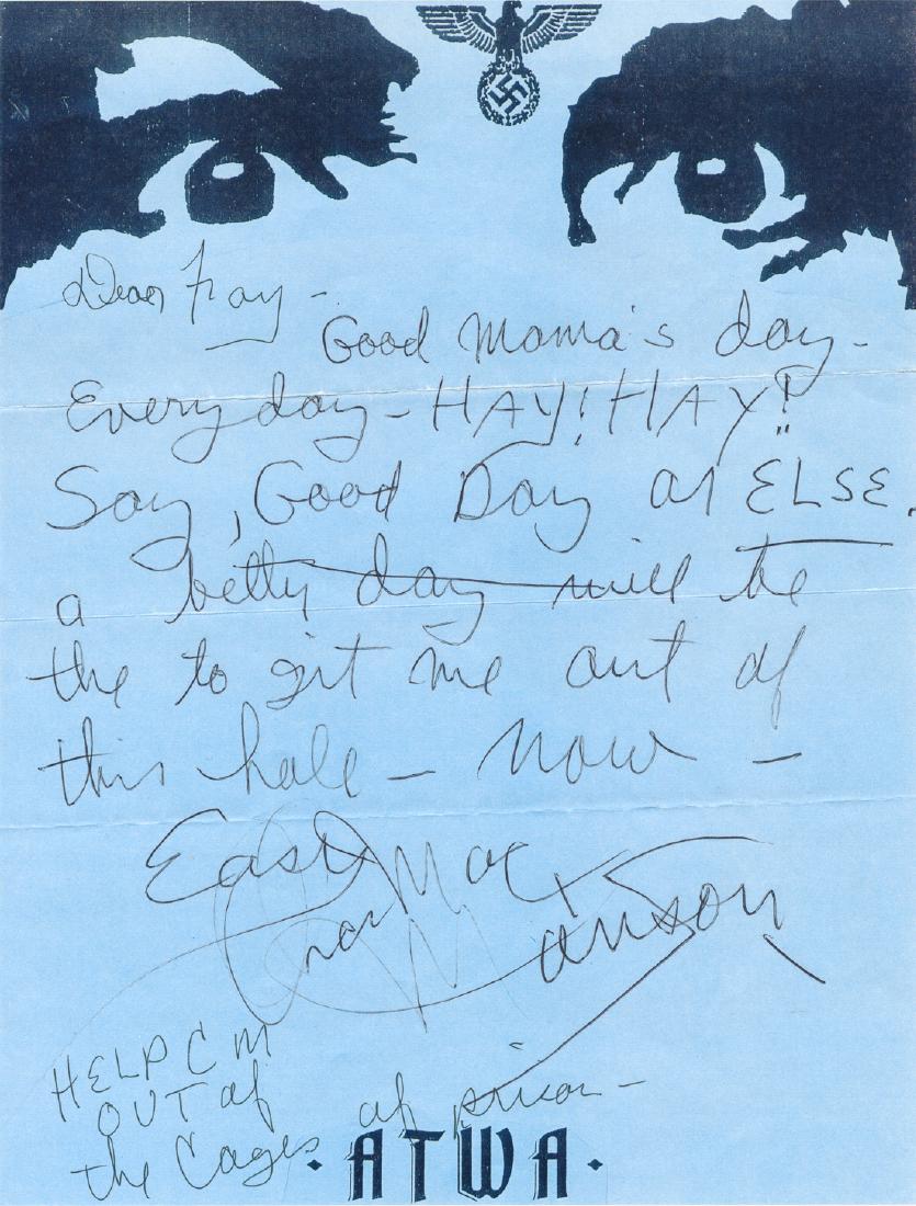 CHARLES MANSON: (1934 - 2017) Drifter whose "family" committed the infamous Tate-LaBianca murders in 1969. A.L.S., 1p. 4to., California State Prison - Corcoran, [May 9, 1997], on unusual custom inkjet-printed "letter
