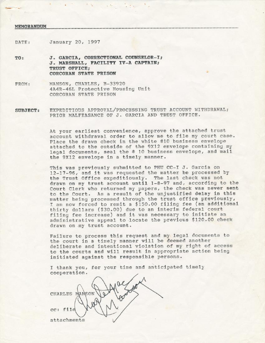 CHARLES MANSON: (1934 - 2017) Drifter whose "family" committed the infamous Tate-LaBianca murders in 1969. Typed D.S., 1p. 4to., Corcoran State Prison, Jan. 20, 1997, requesting that his correctional counselor and tr