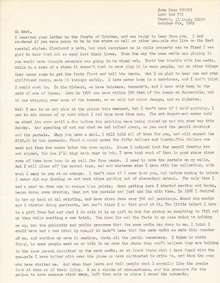 JOHN WAYNE GACY: (1942 - 1994) Notorious mass murderer of over thirty young men whom he buried beneath his home, executed after many appeals and postponements. Good content T.L.S. "John", 2pp. 4to., Menard Correctiona