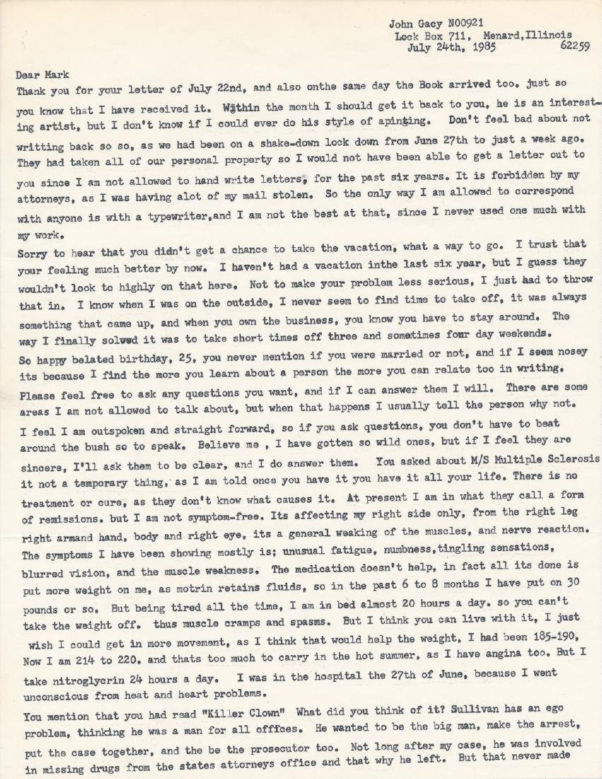 JOHN WAYNE GACY: (1942 - 1994) Notorious mass murderer of over thirty young men whom he buried beneath his home, executed after many appeals and postponements. T.L.S. "John", 2pp. 4to., Menard Correctional Center, Jul