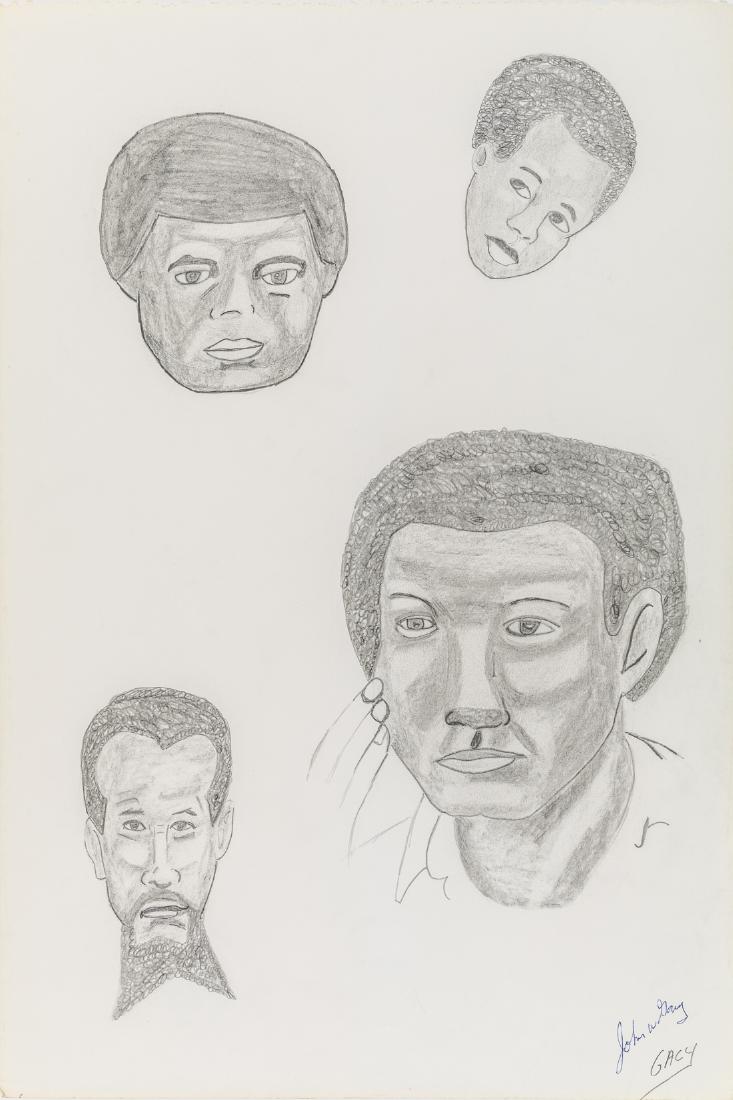 JOHN WAYNE GACY: (1942 - 1994) Notorious mass murderer of over thirty young men whom he buried beneath his home, executed after many appeals and postponements. Original signed sketch, 12" x 18", head studies of four A
