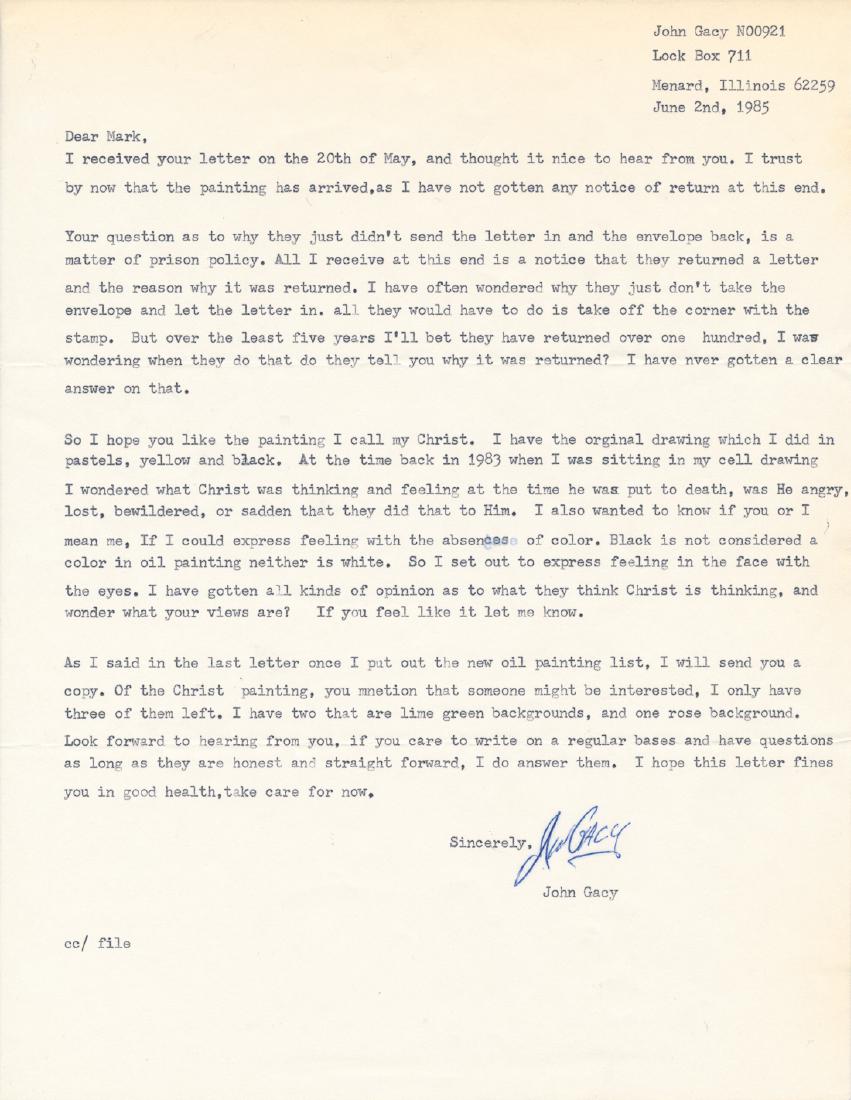 JOHN WAYNE GACY: (1942 - 1994) Notorious mass murderer of over thirty young men whom he buried beneath his home, executed after many appeals and postponements. T.L.S. "J W Gacy", 1p. 4to., Menard Correctional Center,