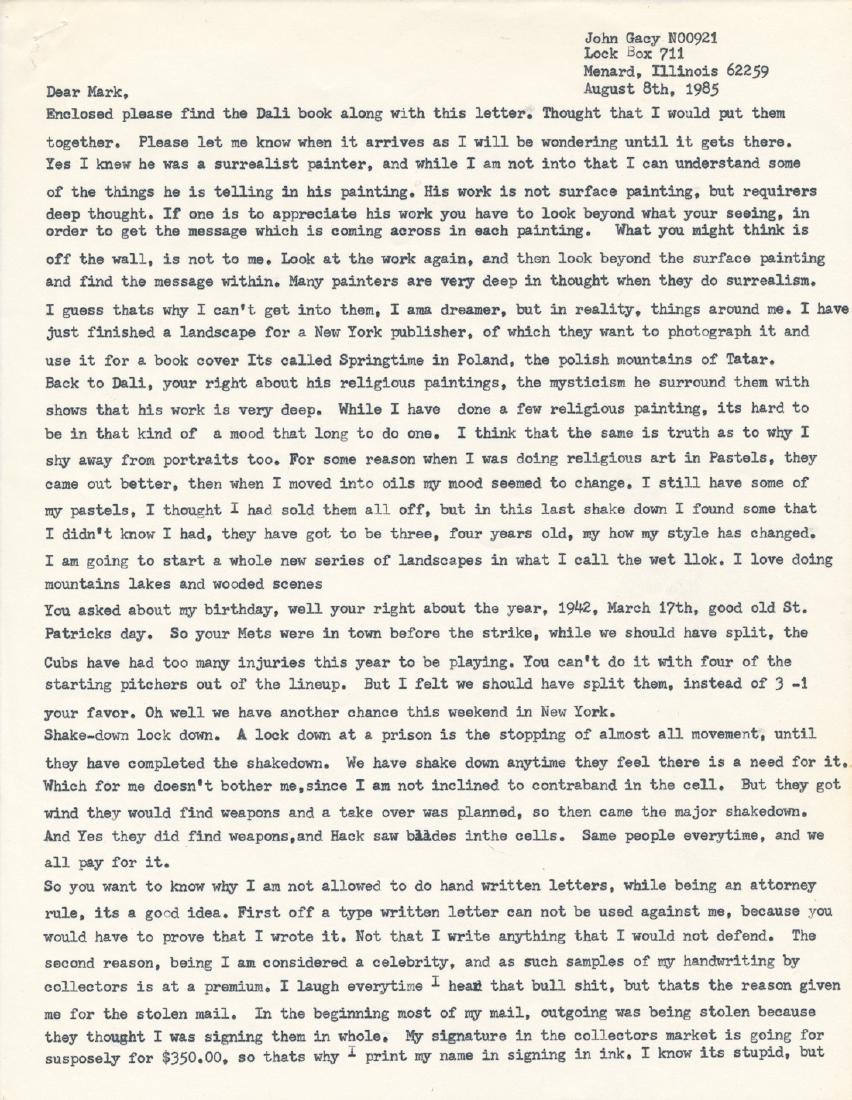 JOHN WAYNE GACY: (1942 - 1994) Notorious mass murderer of over thirty young men whom he buried beneath his home, executed after many appeals and postponements. T.L.S. "John", 2pp. 4to., Menard Correctional Center, Aug
