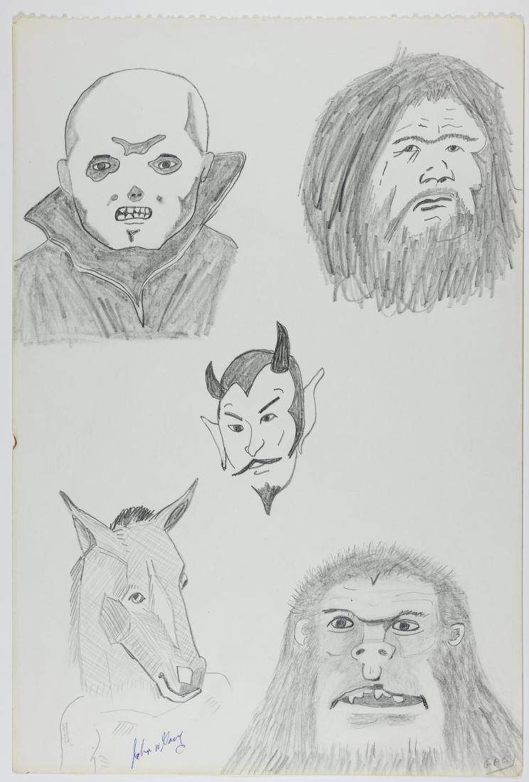 JOHN WAYNE GACY: (1942 - 1994) Notorious mass murderer of over thirty young men whom he buried beneath his home, executed after many appeals and postponements. Original signed pencil drawing, 18" x 12", depicts variou