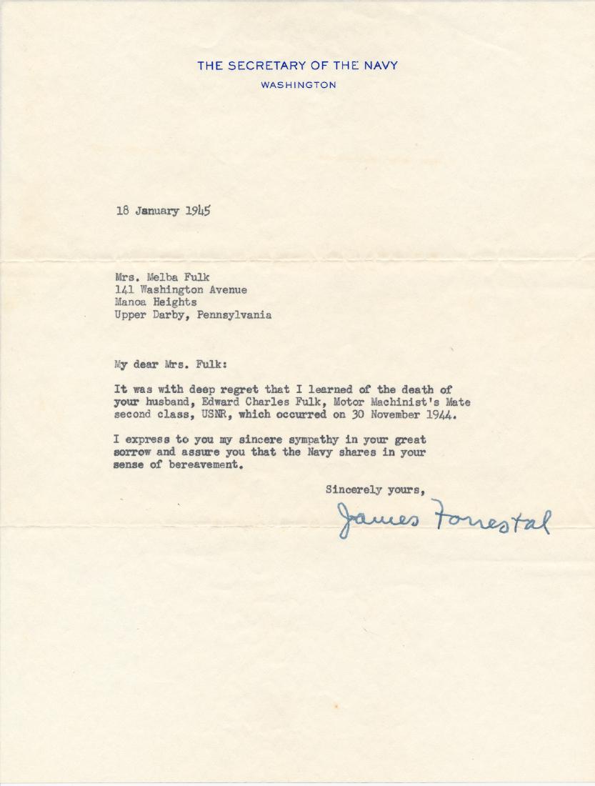 JAMES V. FORRESTAL: (1892 - 1949) American politician, Secretary of the Navy (1944-47). T.L.S., 1p. 4to., Washington, D.C., Jan. 18, 1945, to Mrs. Melba Fulk, transmitting his condolences on the death of her husband, Mot