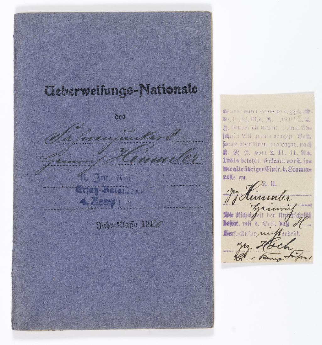 HEINRICH HIMMLER'S POST- WORLD WAR I MILITARY PAPERS: A rare, very early document, Heinrich Himmler's personal "Ueberweisungs-nationale", a temporary military-issued pass in booklet form much like a "wehrpass", used by him during transfers. The 24pp. 12.