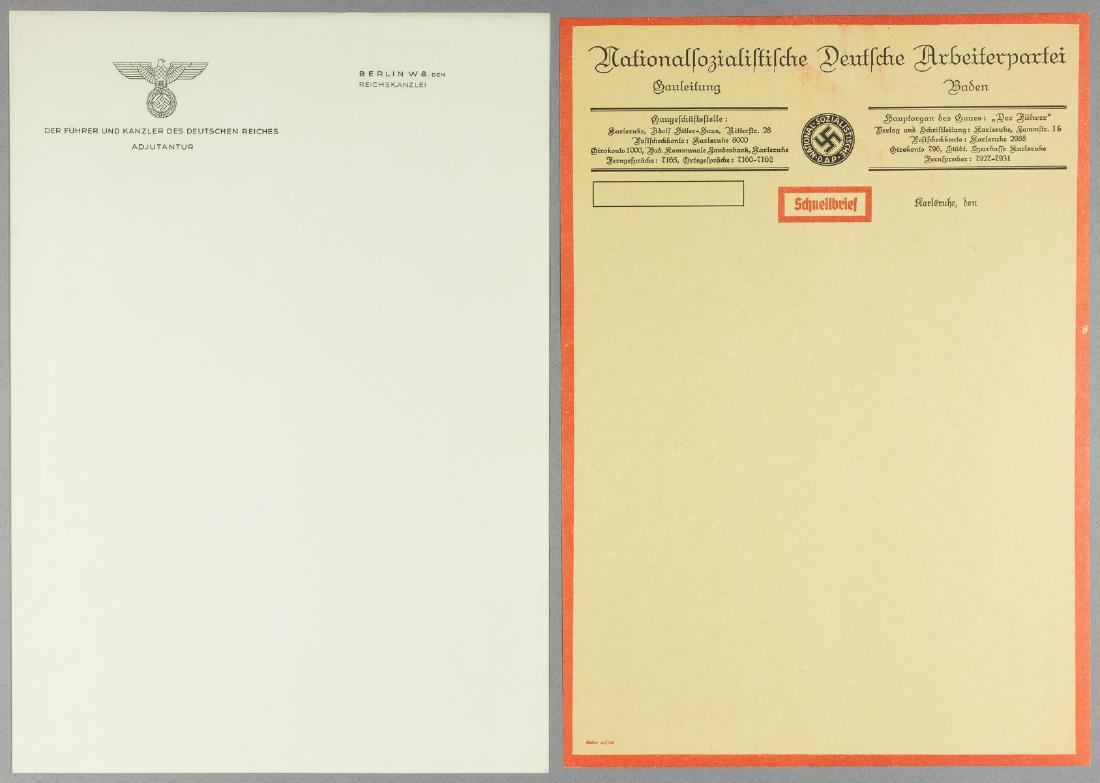 NSDAP STATIONERY: Two pieces of unused NSDAP stationery, one sheet from the Berlin office of Hitler's adjutant, Julius Schaube, along with a N.S.D.A.P. "Schnellbrief", an express letter, this example from Baden. Both a