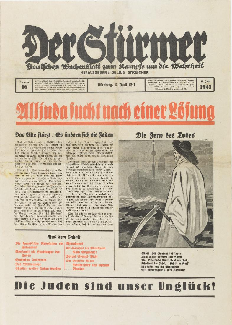 DER STURMER: Complete issue of race-baiter Julius Streicher's anti-Semitic rag: "Der Sturmer", 12pp. sm. folio, April 17, 1941. The red headline reads "Alljuda [international Jewry] is Looking for a Solution", wit