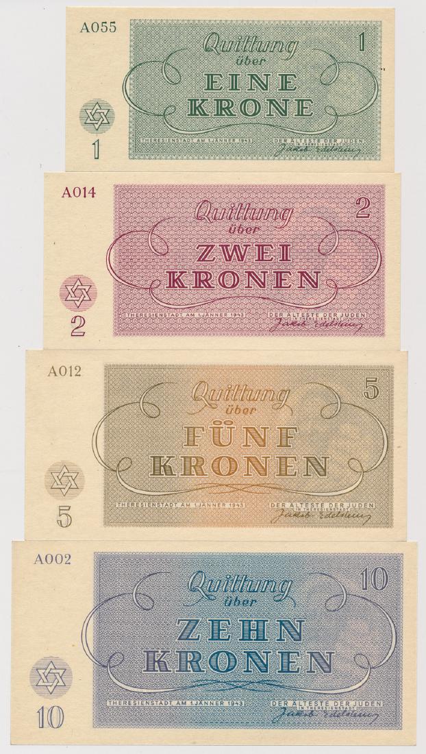 THERESIENSTADT CONCENTRATION CAMP CURRENCY: A scarce set of seven unissued Theresienstadt concentration camp currency notes, including one, two, five, ten, twenty, fifty and one hundred krone bills. This money was essentially scrip, without val