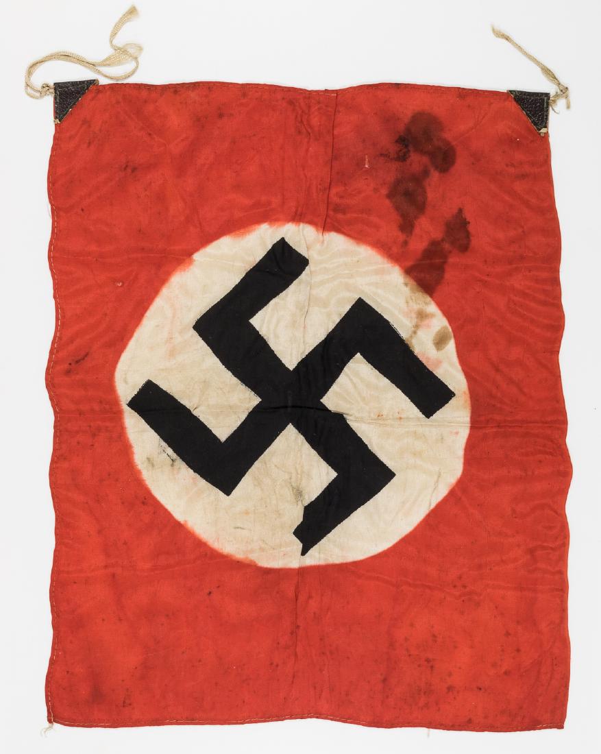 JAPANESE-MADE NSDAP FLAG: Very unusual World War II-era NSDAP flag, 12 1/2" x 15", manufactured using methods and materials typical of flags made in Japan during that time. It is constructed of white rayon clamp-dyed with a re
