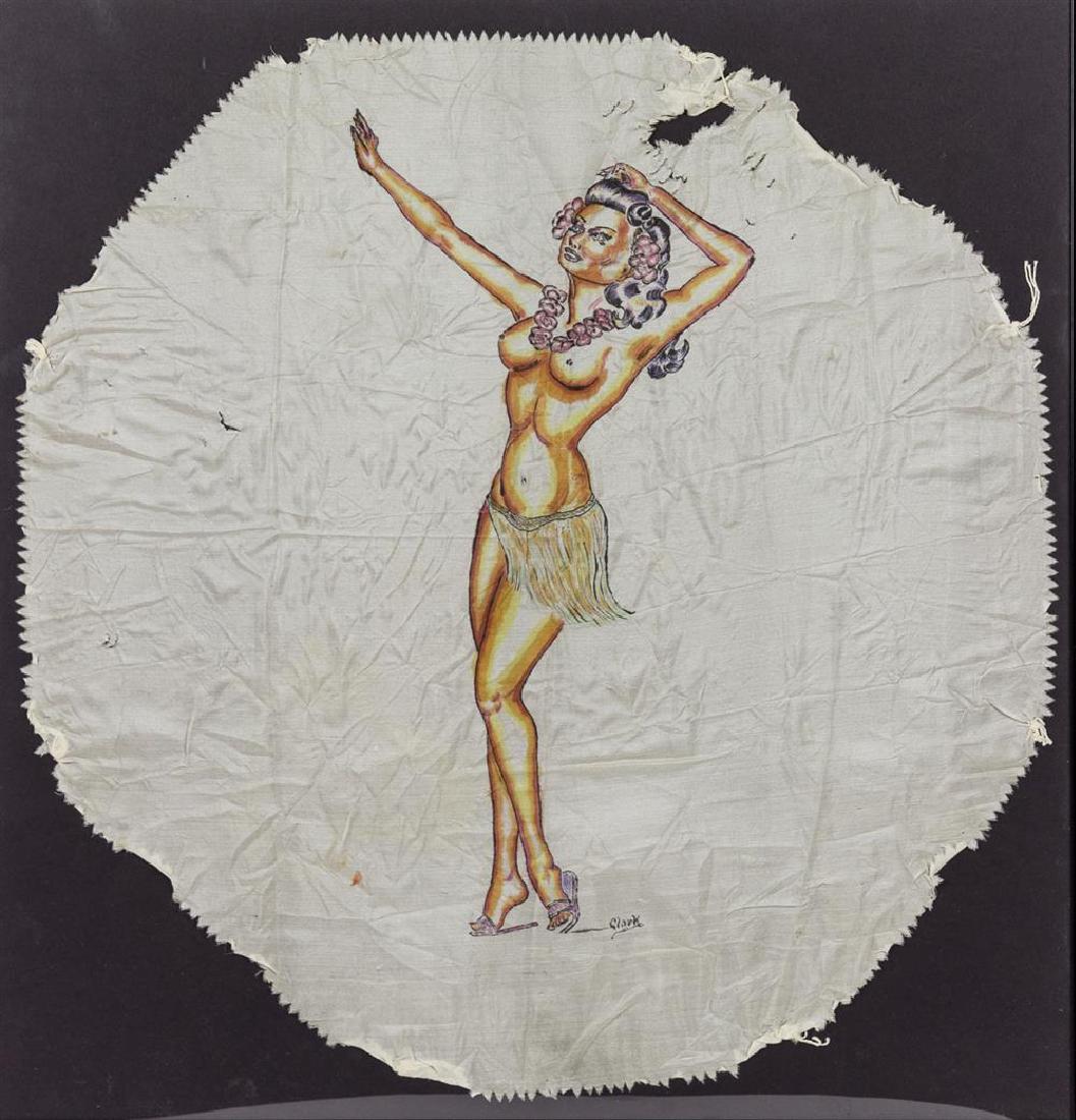 SOLDIER'S "PINUP" ART ON SILK MORTAR PARACHUTE: White silk mortar parachute, 24" dia., possibly a handkerchief, with deckle-cut edges and white tassels, painted with a full-color "pinup" image of a woman in a grass skirt, performing a hula dance. T