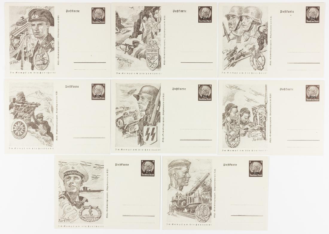 IM KAMPF UM DIE FREIHEIT! ALSACE POSTAGE POSTCARD GROUP: Rare set of eight "Im kampf um die Freiheit!" postcards bearing artists' representations of soldiers of the various branches of the Germany military. Each card bears six pfennig printed postage - thes