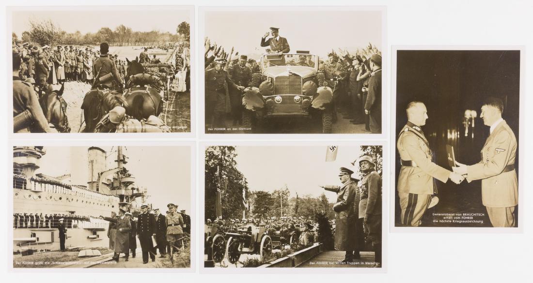 (GERMAN POSTAL HISTORY) HITLER POSTCARD PHOTOGRAPHS: Good selection of five postally-used photo postcards by Heinrich Hoffmann variously showing Adolf Hitler saluting his troops and greeting Field Marshal von Brauchitsch. Four bear "KRAKAU" stamp cancel