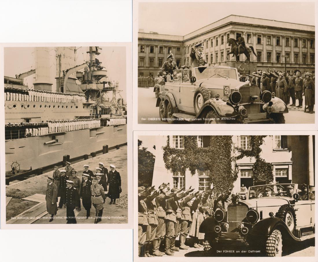 (GERMAN POSTAL HISTORY) POSTAL CANCELS CELEBRATING: Good selection of three postally-used photo postcards by Heinrich Hoffmann variously showing Adolf Hitler saluting his troops in Warsaw, the "Ostfront", and inspecting a warship. Each bears a "BIRTHDA